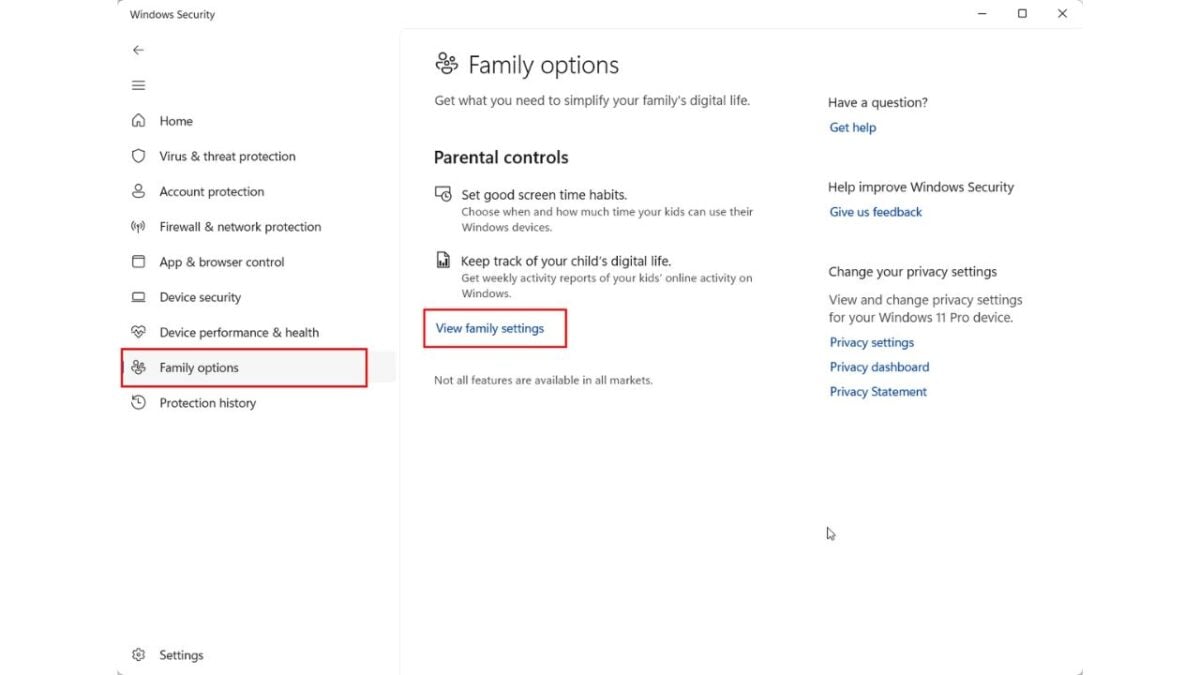 Windows Defender Family Options