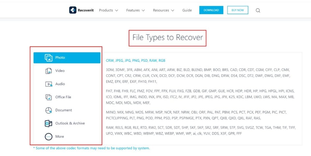 Wondershare Recoverit File Types