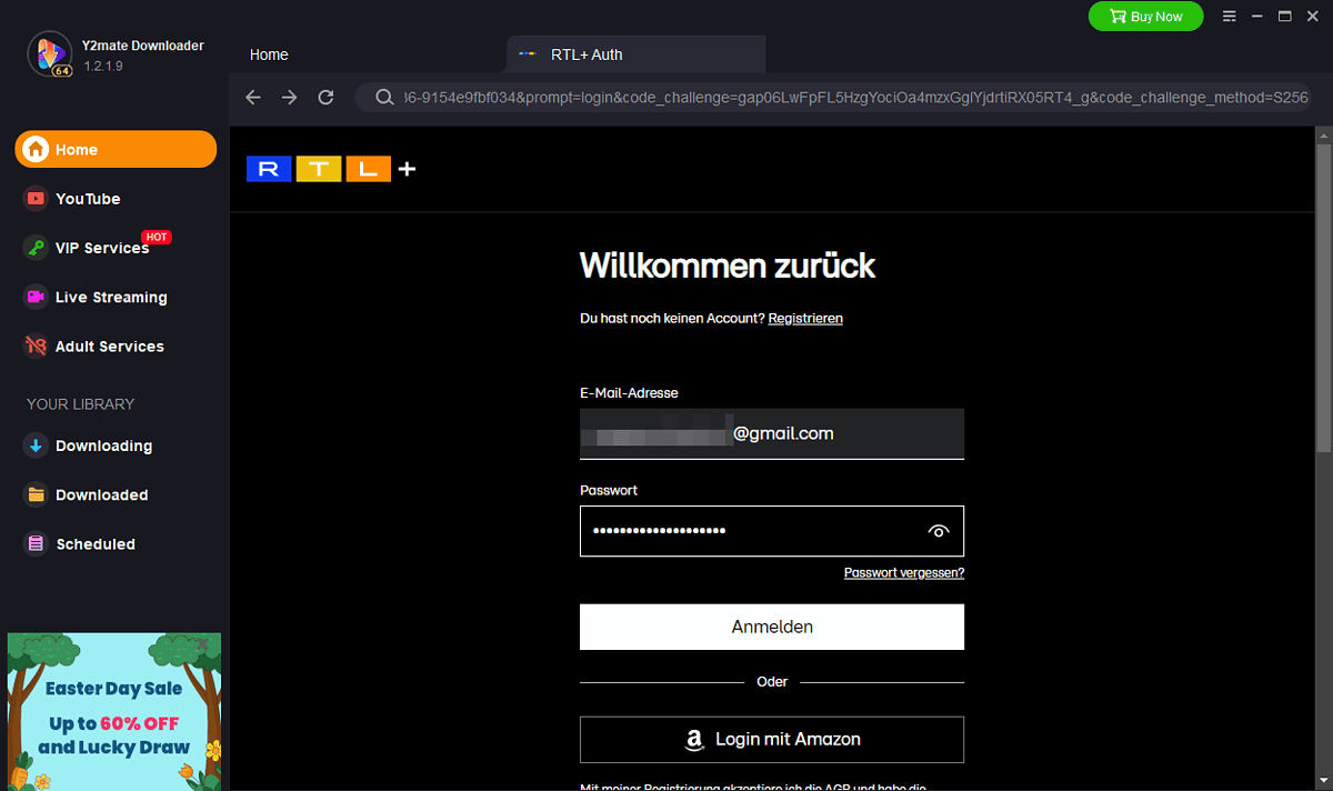 Y2Mate RTL Plus Downloader login window