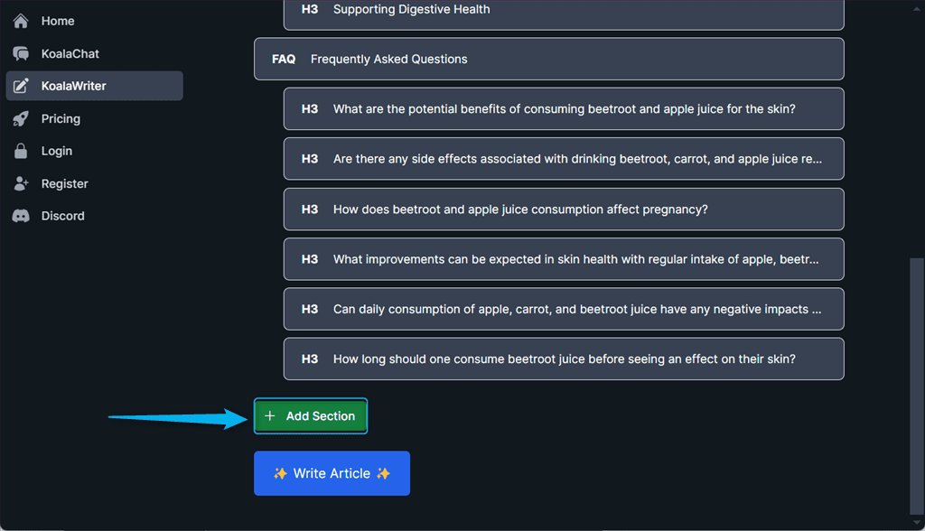 adding a section in outline in koalawriter ai