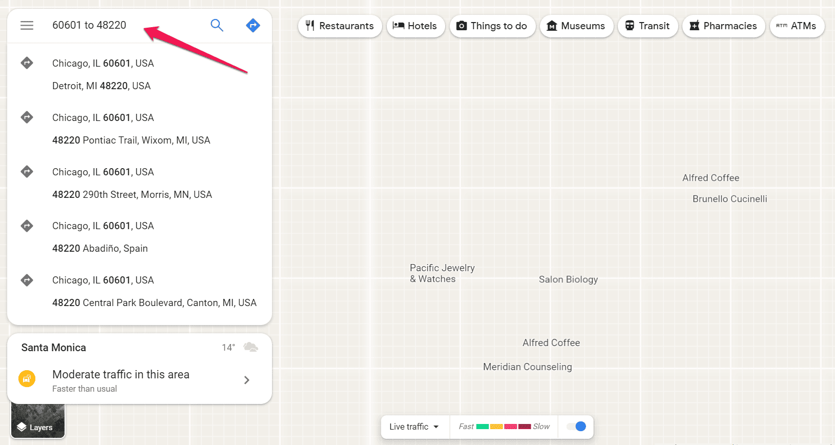 Entering zip codes in Google Maps search bar