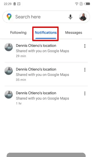 Google Maps notifications to check if someone has stopped sharing their location