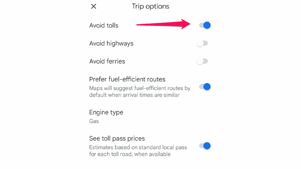 Toggling Avoid tolls option in Google Maps