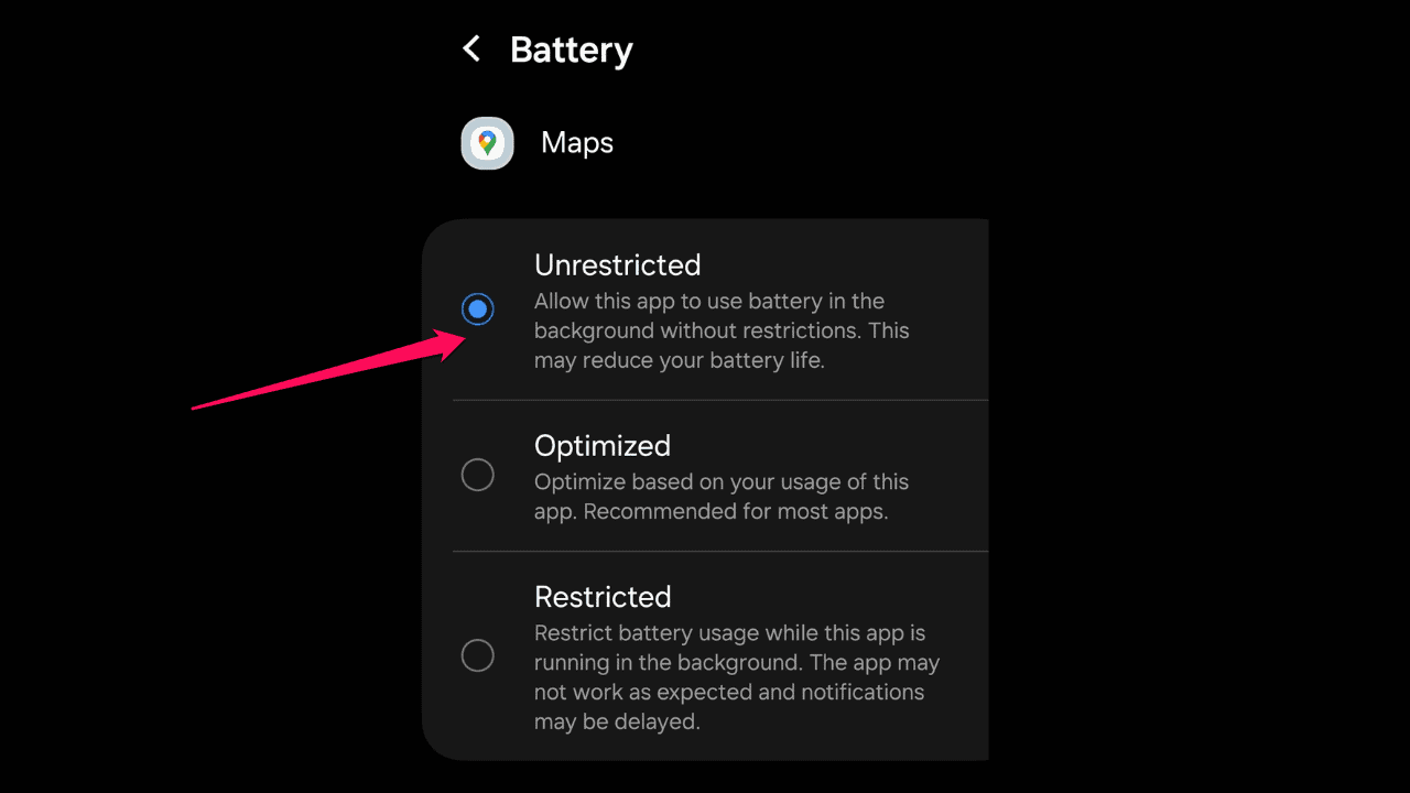 Battery optimization settings on Android