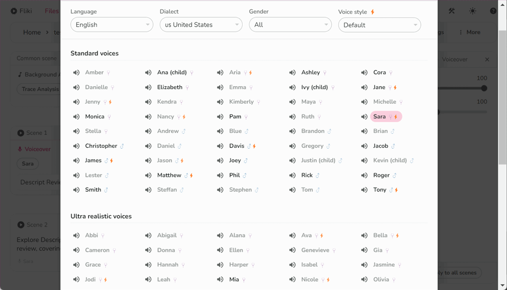 changing voiceover in audio script in fliki