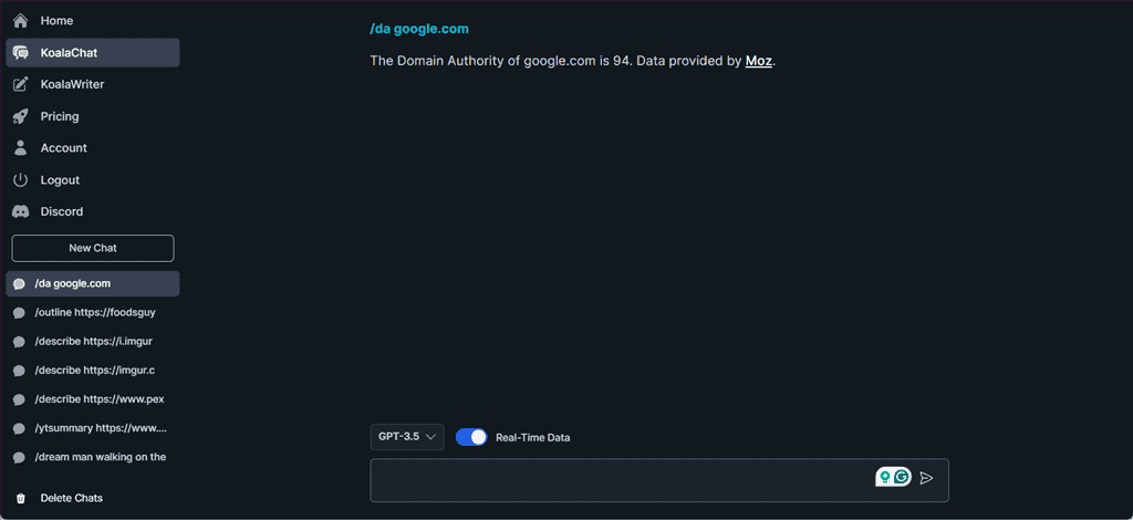 checking domain authority with koalachat ai