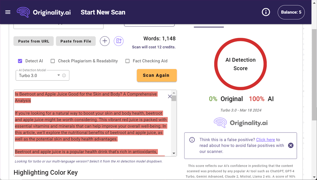 checking for ai content of article in orginality ai