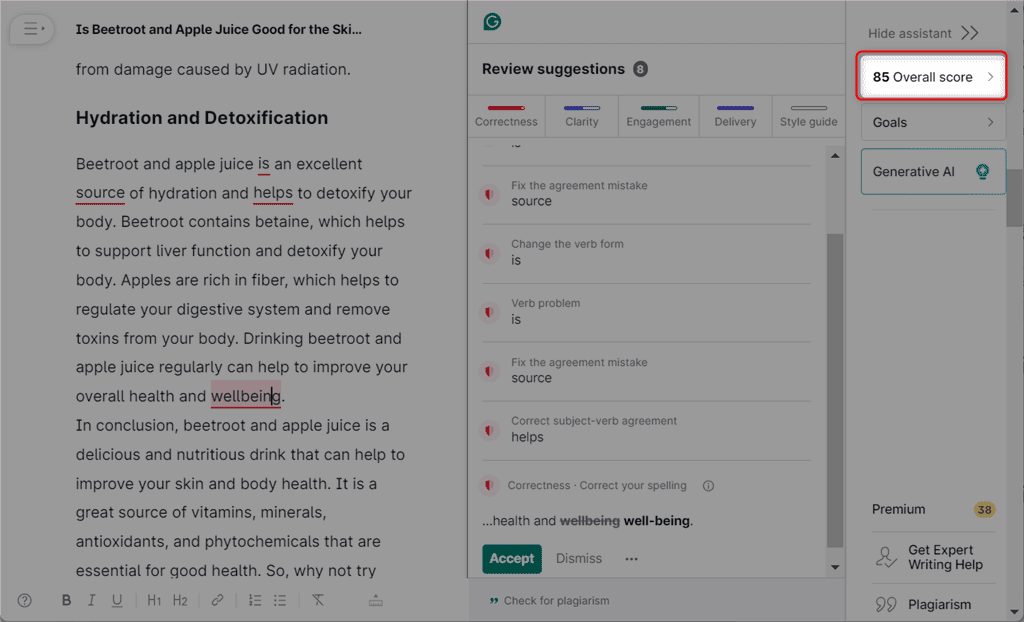 checking grammatical mistakes of generated article in grammarly