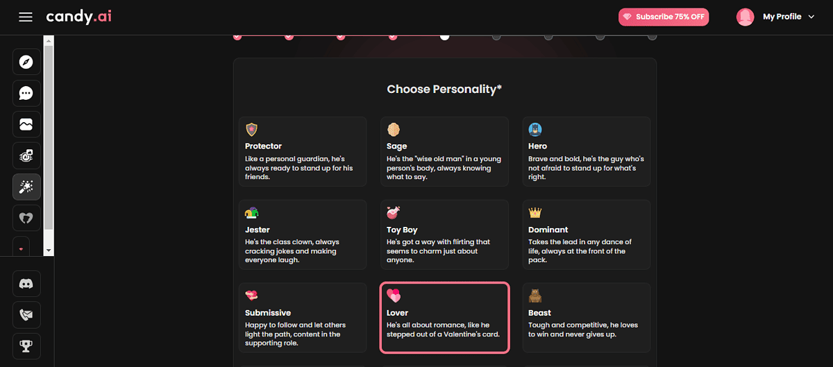 choose personality with candy.ai