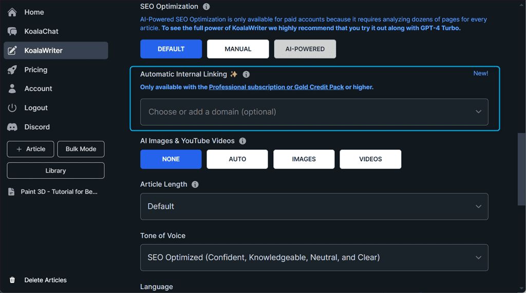 configuring options for automatic linking in koalawriter ai