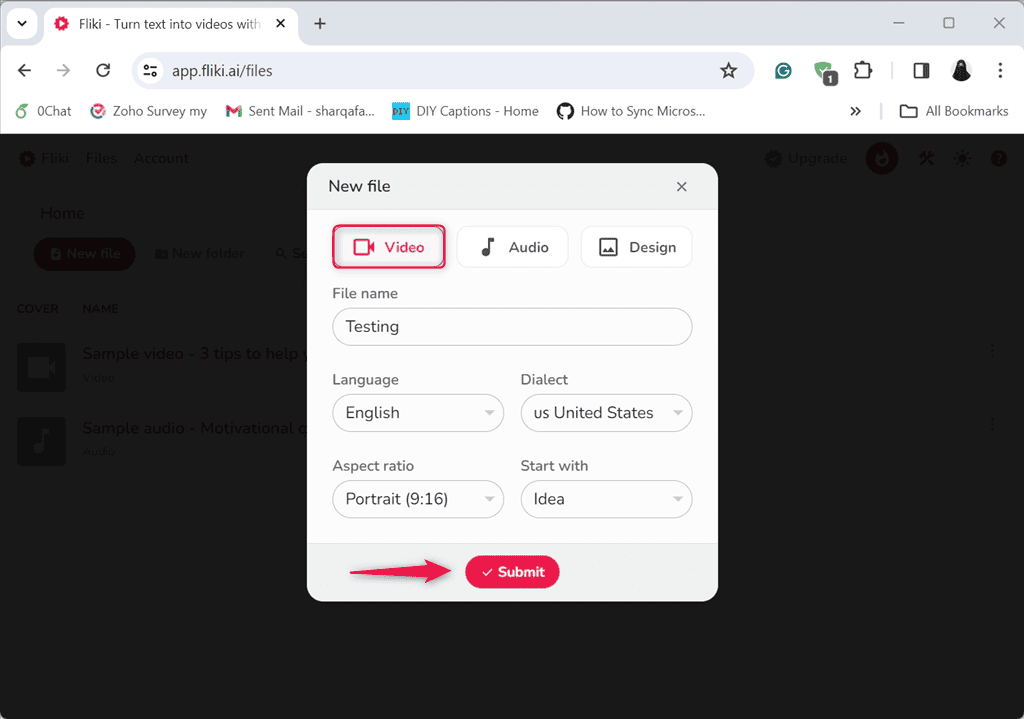 configuring video file settings in fliki