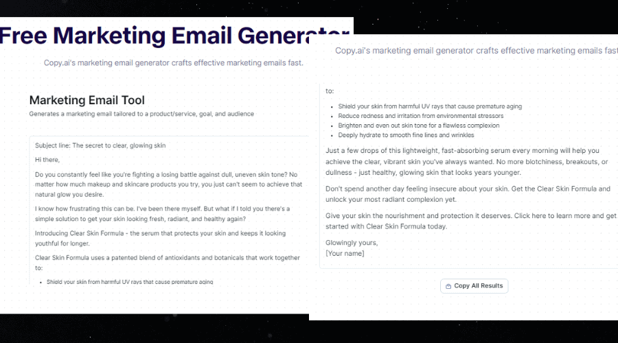 copy.ai email generator result