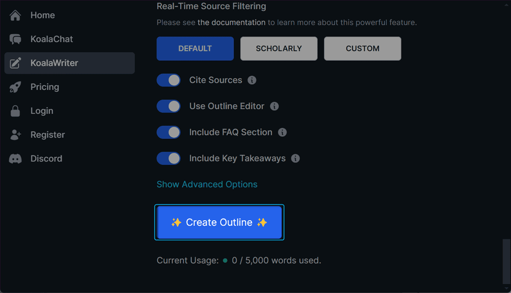 creating an outline in koalawriter ai