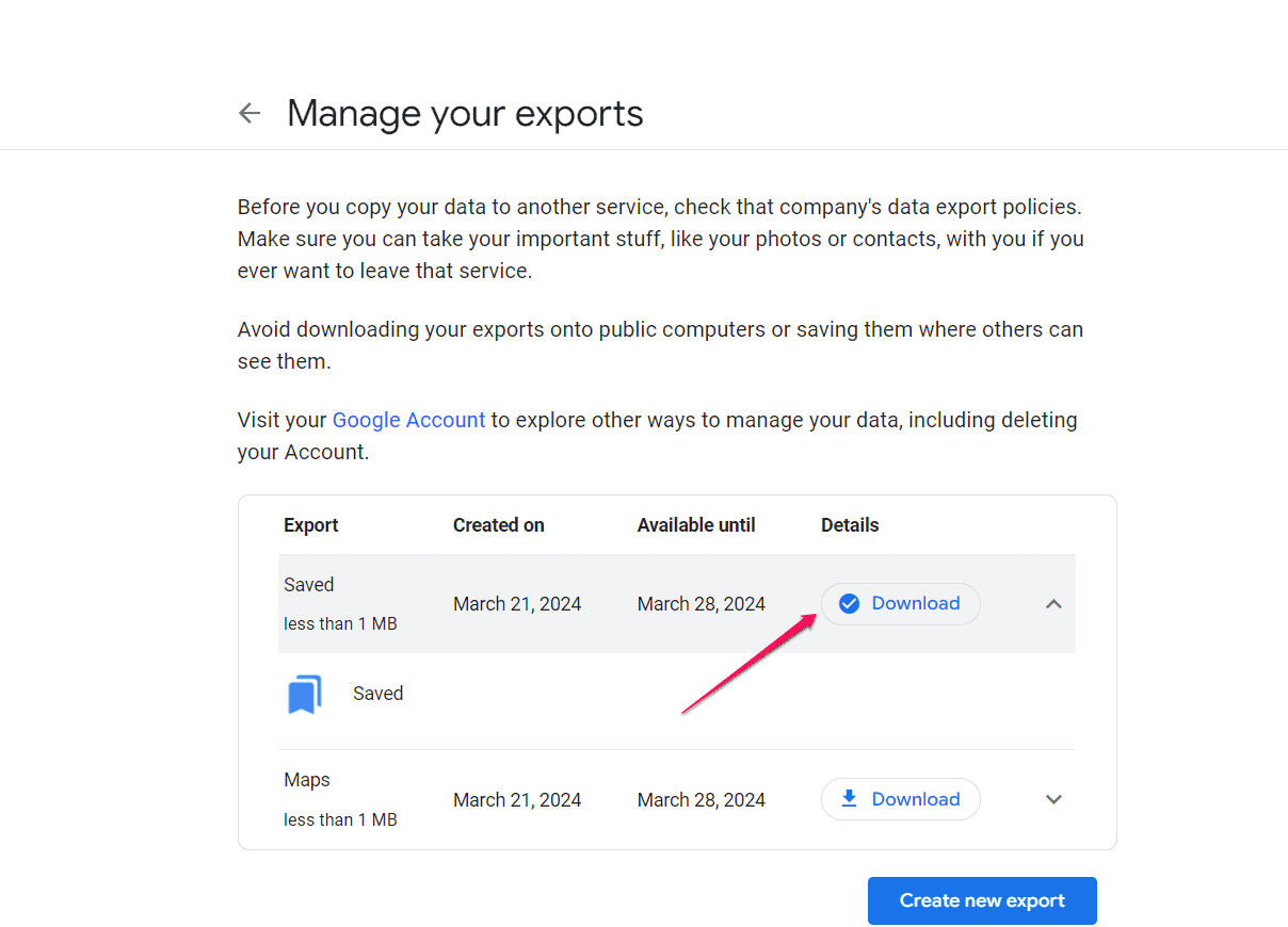 Downloading export from Google Takeout