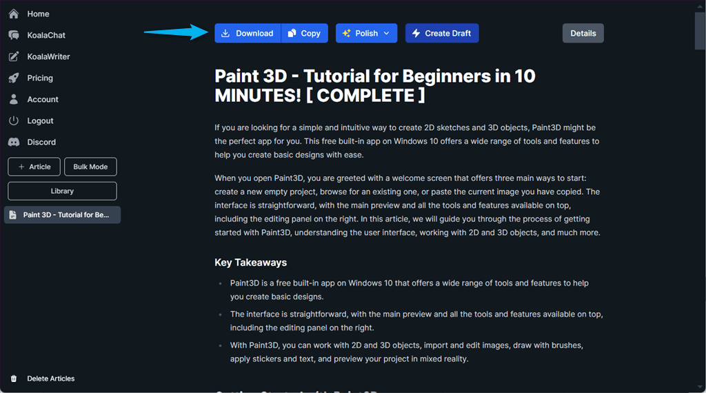 downloading generated article from koalawriter ai