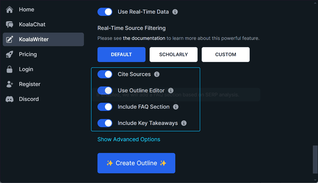 enabling additional checkboxes in koalawriter ai