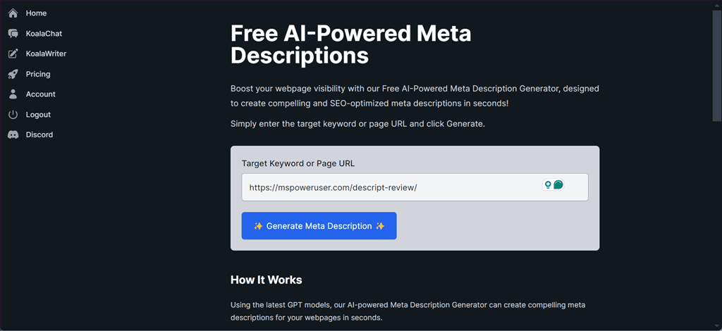 generating meta descriptions in koalachat ai