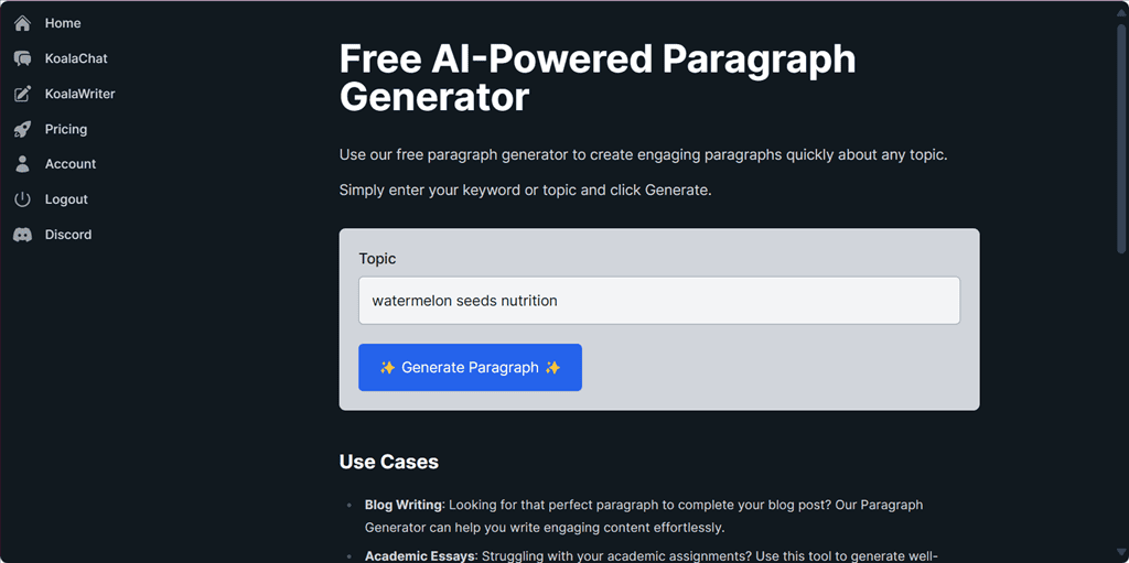 generating paragraph in koalachat ai