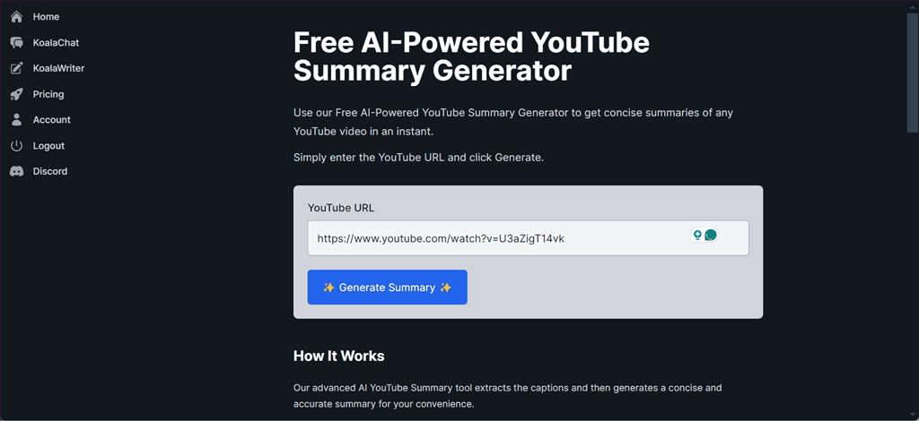 generating youtube video summary in koalachat ai