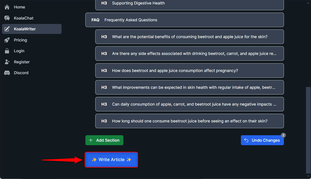 giving command to write an article in koalawriter