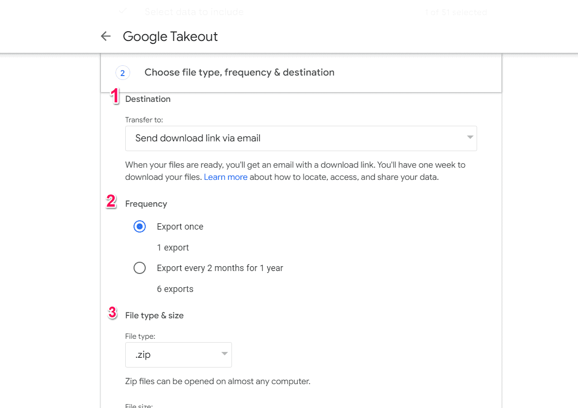 Export option in Google Takeout