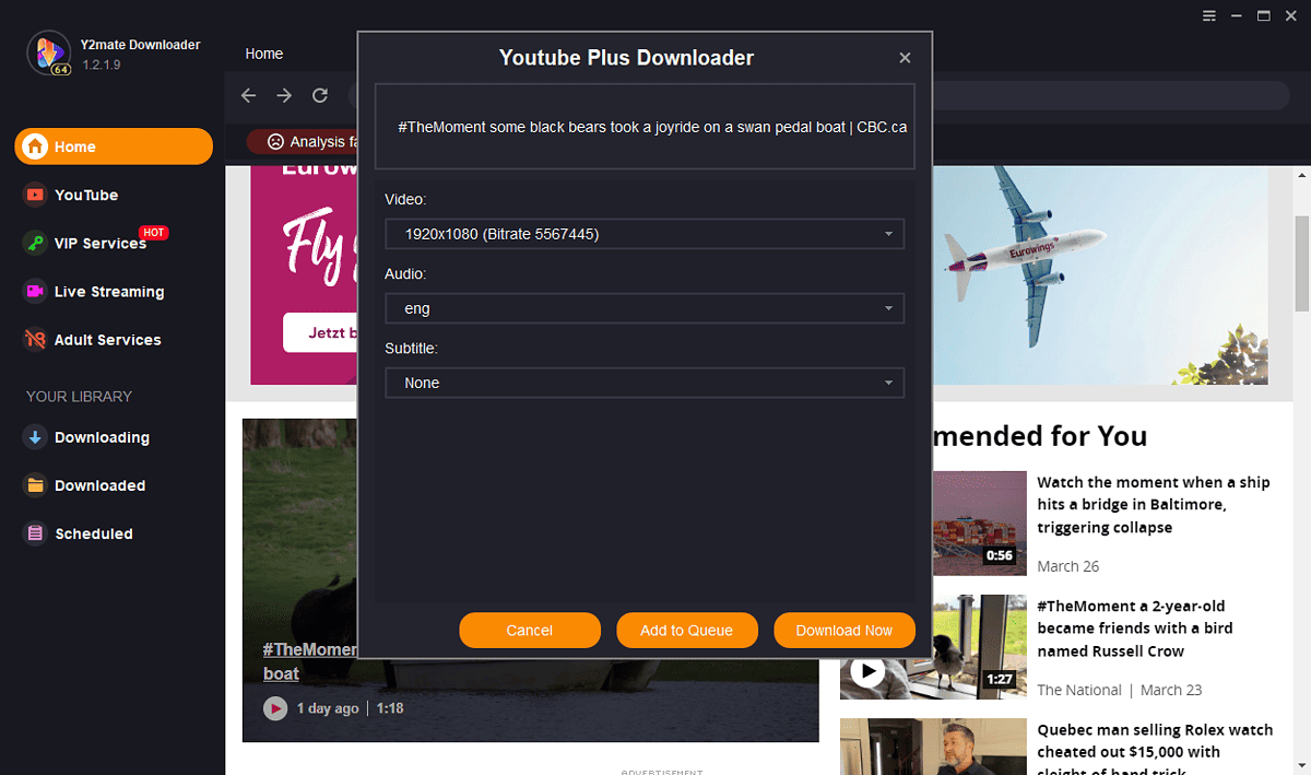 Y2Mate Downloader download options