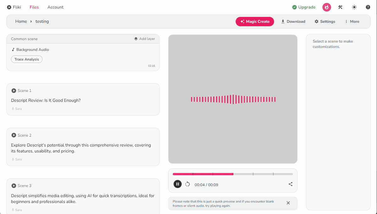 listening to generated audio script in fliki