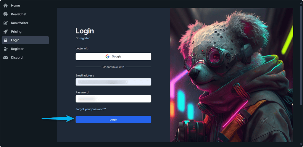 login into koala ai