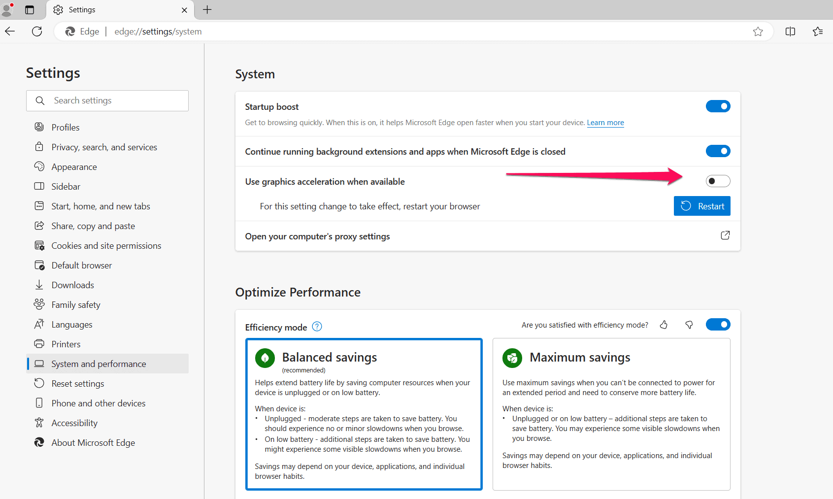 Microsoft Edge graphics acceleration settings