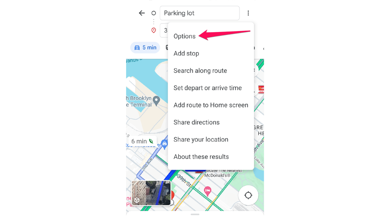 Accessing route options in Google Maps