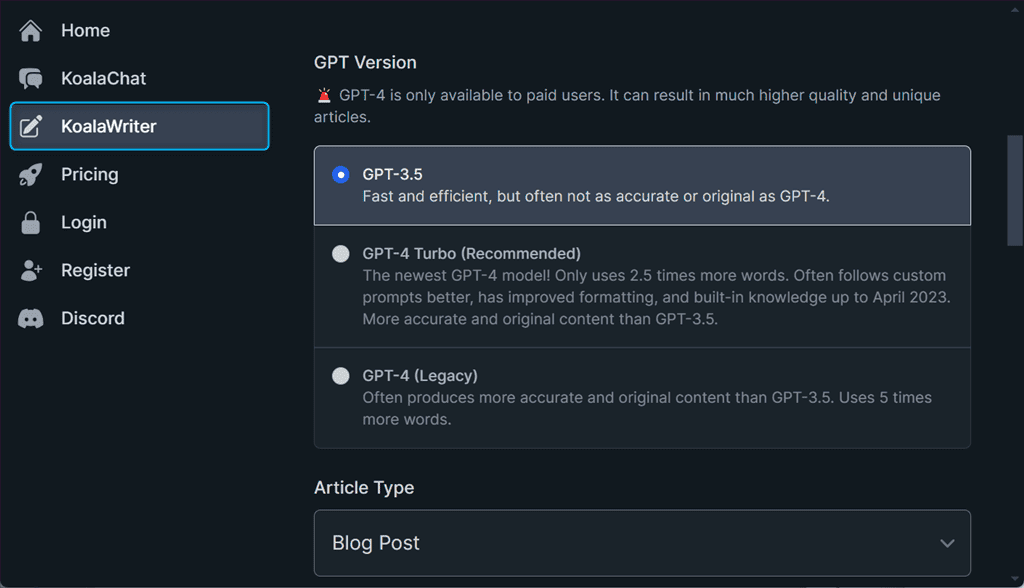 opening koalawriter feature of koala ai