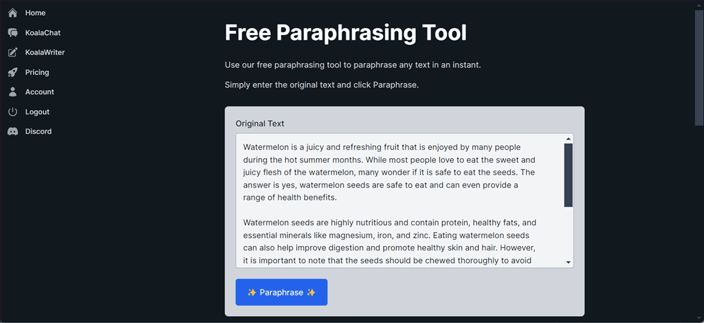 paraphrasing text using koalachat ai