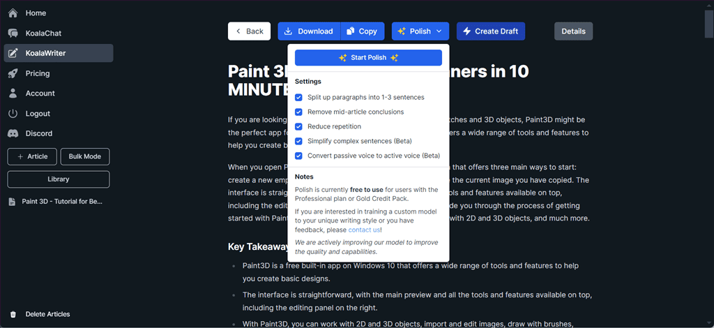 polishing generated content in koalawriter ai