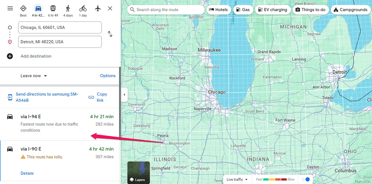 Route details in Google Maps