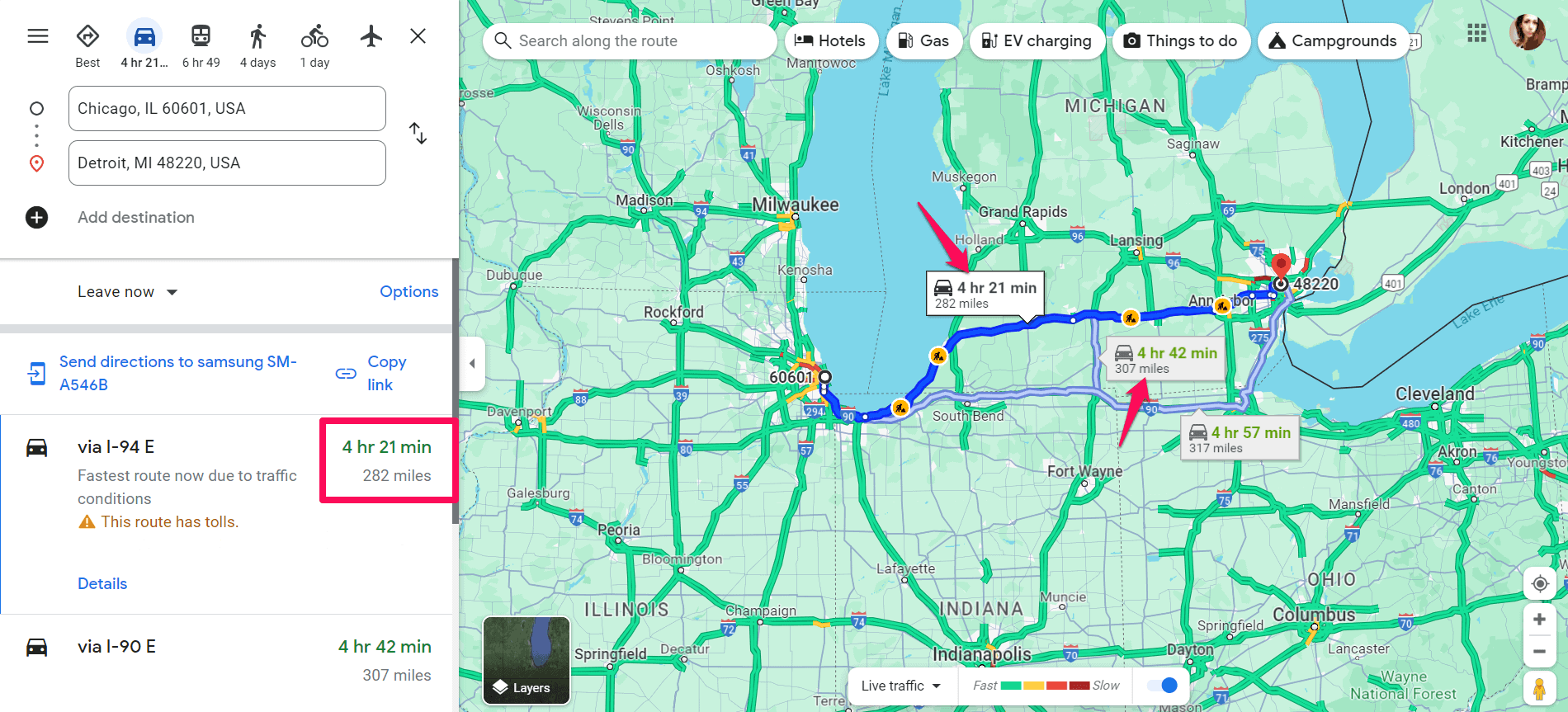 Exploring route distance and travel time in Google Maps