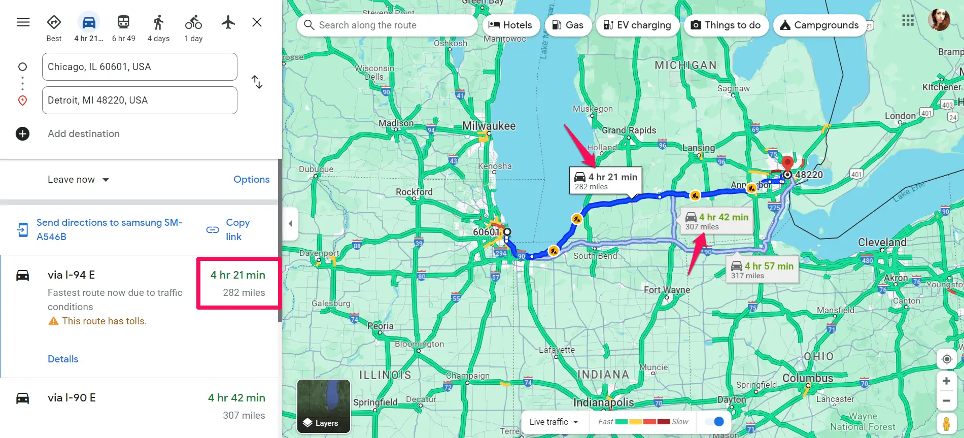 Exploring route distance and travel time in Google Maps