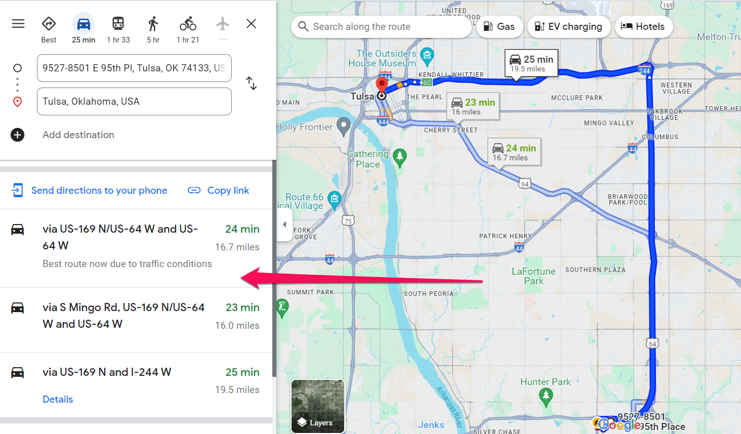 Google 地图中的路线选项