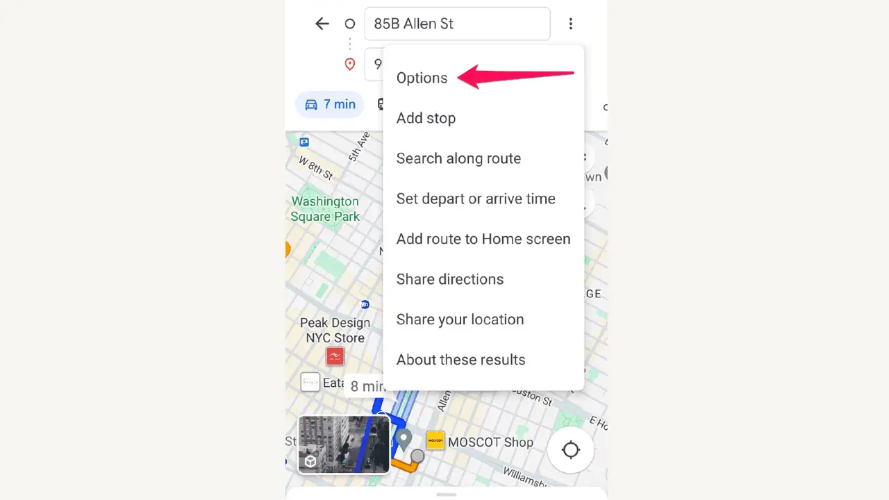 Route options in Google Maps