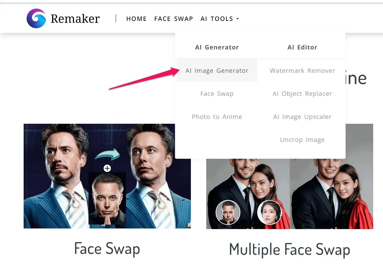Selecting AI image generator from Remaker AI's homepage menu