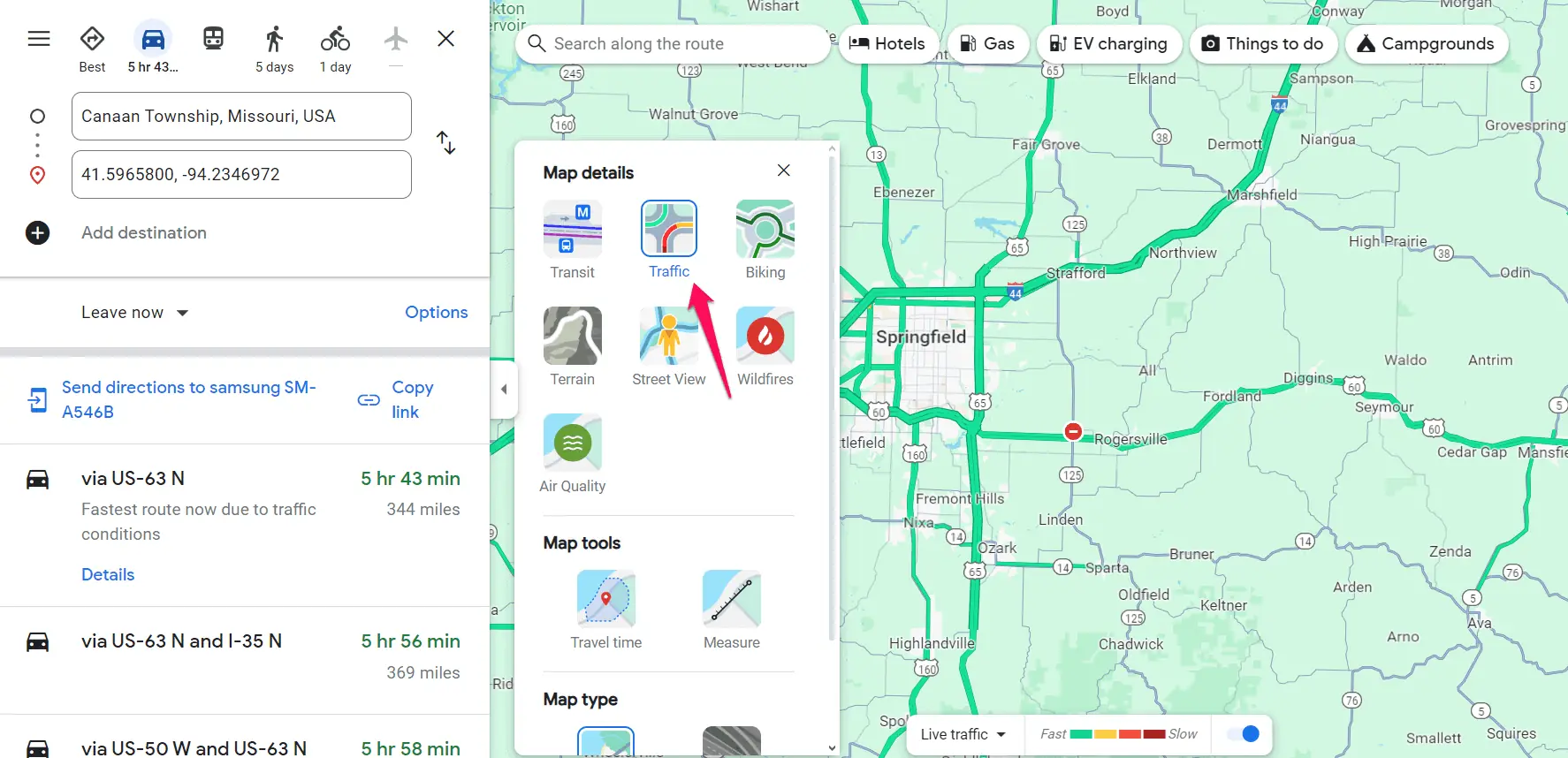 Selecting the Traffic layer in Google Maps