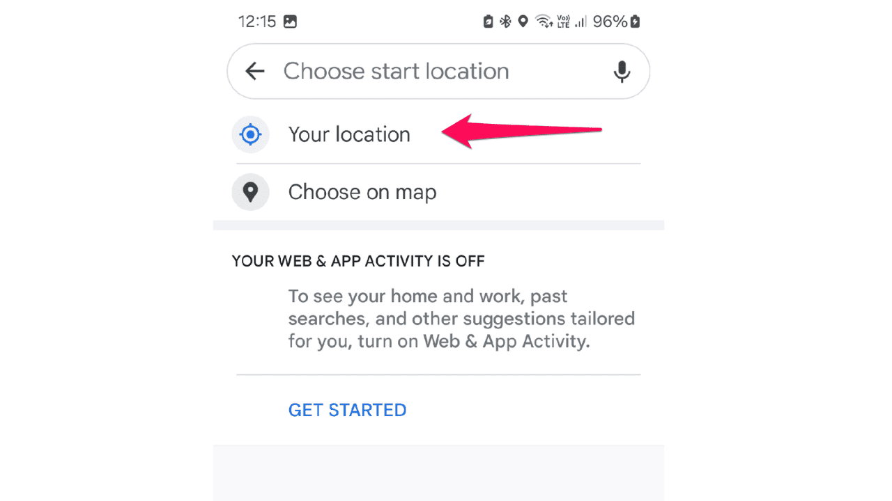 Selecting the Your Location option in Google Maps