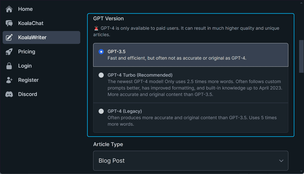 selecting gpt version in koalawriter ai