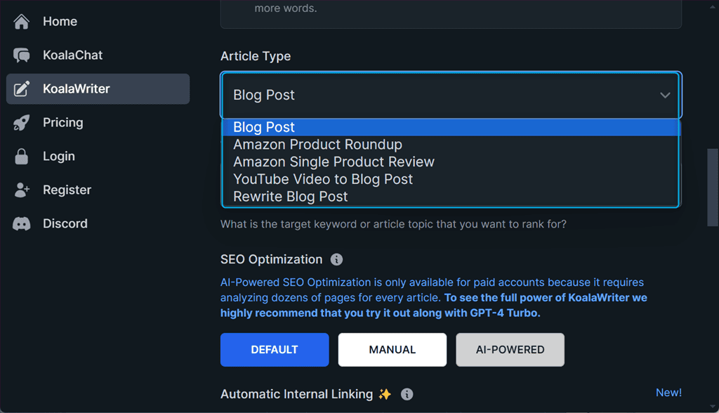 selecting article type in koalawriter ai