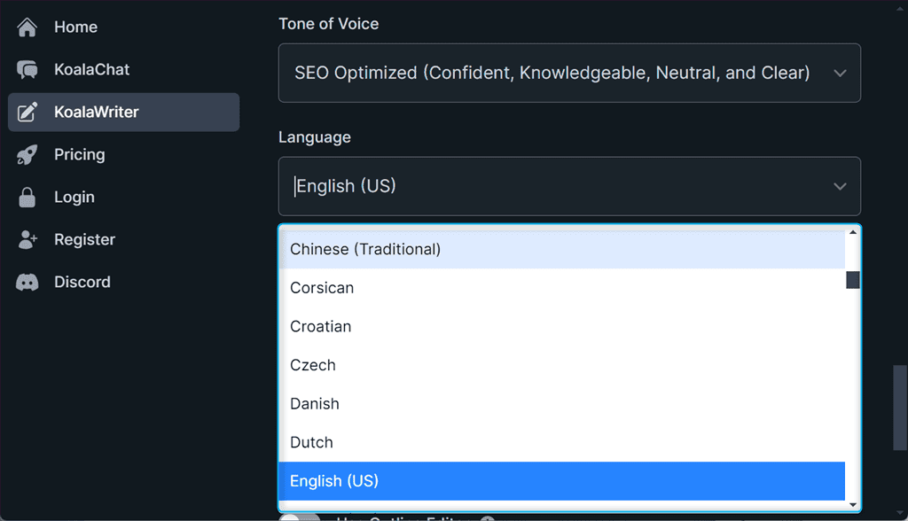 setting article language in koalawriter ai