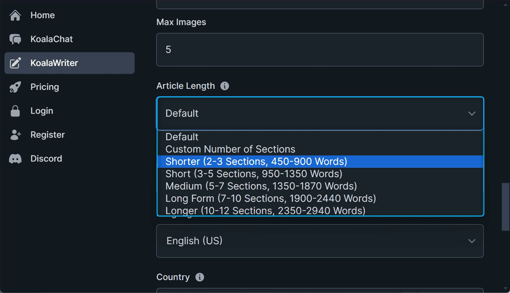 setting article length in koalawriter ai