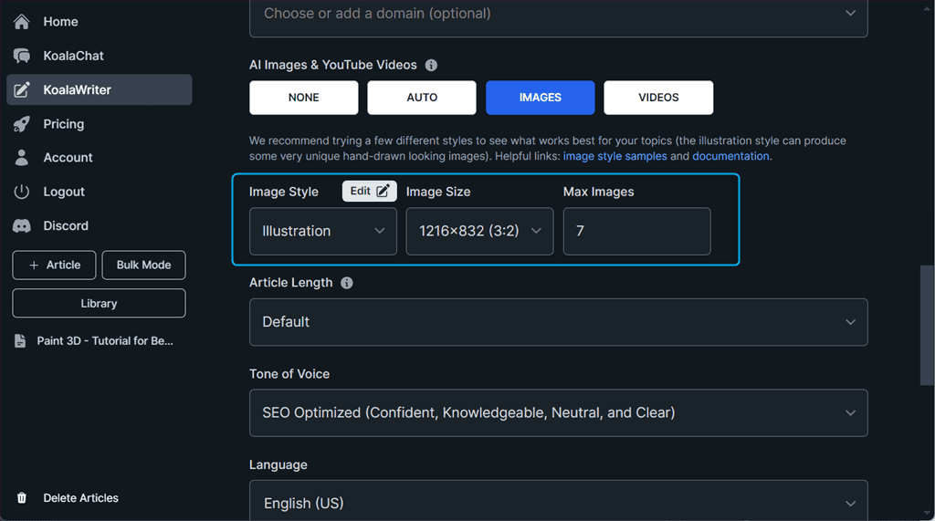 setting aspect ratio and maximum number of images in koalawriter ai