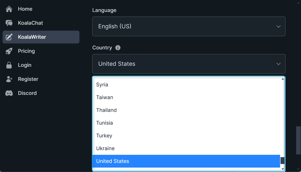 setting country in koalawriter ai