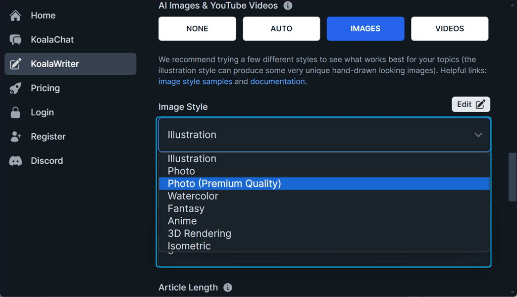 setting image style in koalawriter ai