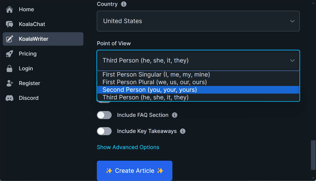 setting point of view in koalawriter ai