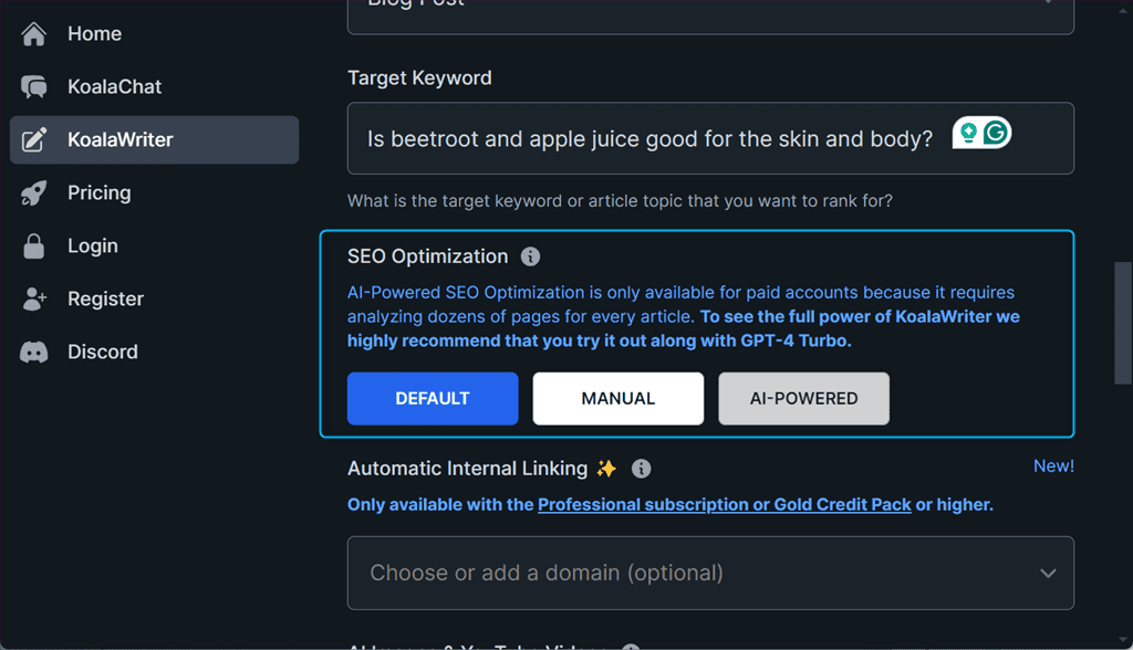 setting seo optimization settings for article in koalawriter ai